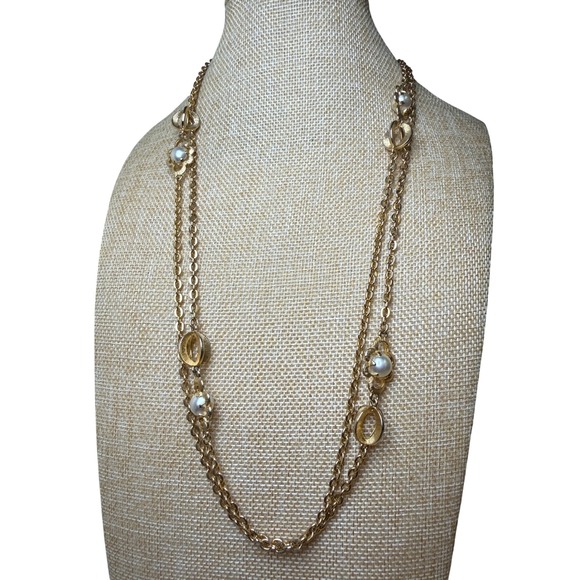 Jewelry - Vintage Gold Faux Pearl Floral Station Long Double Strand Chain Necklace Retro